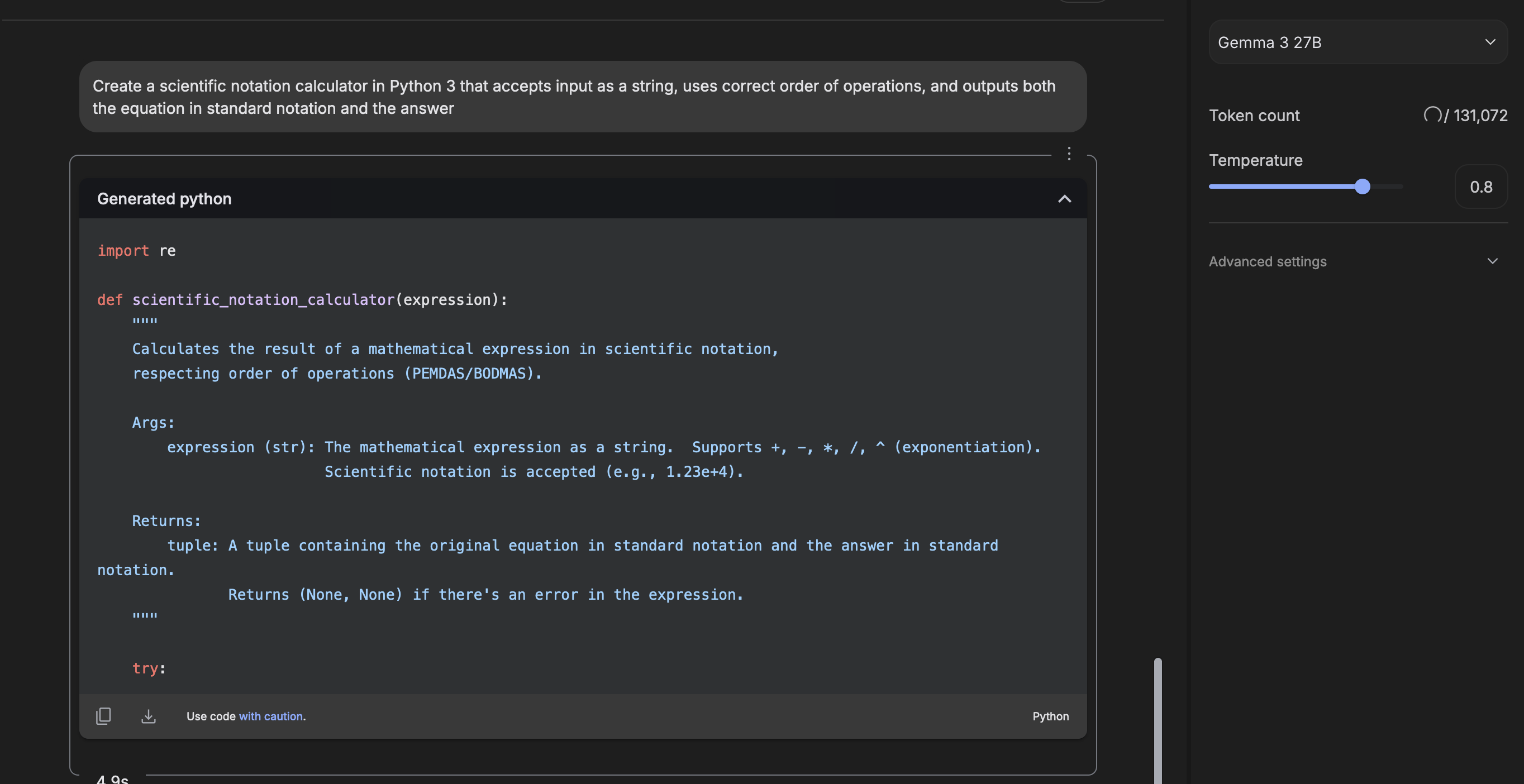 Google Gemma 3 model interface showing code generation capabilities