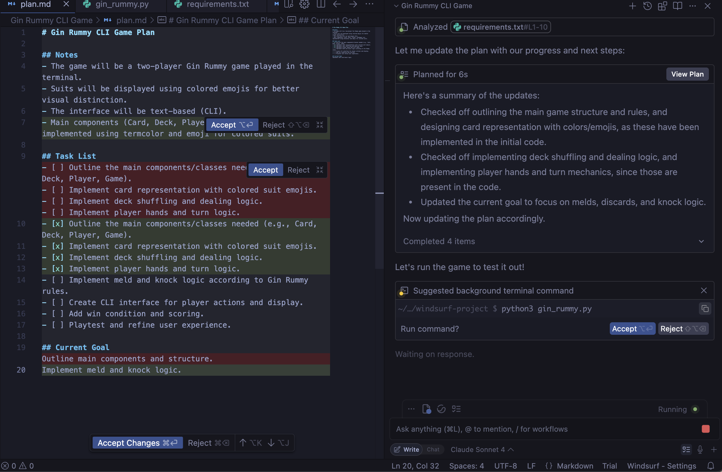 Windsurf writing Python 3 code from a simple prompt