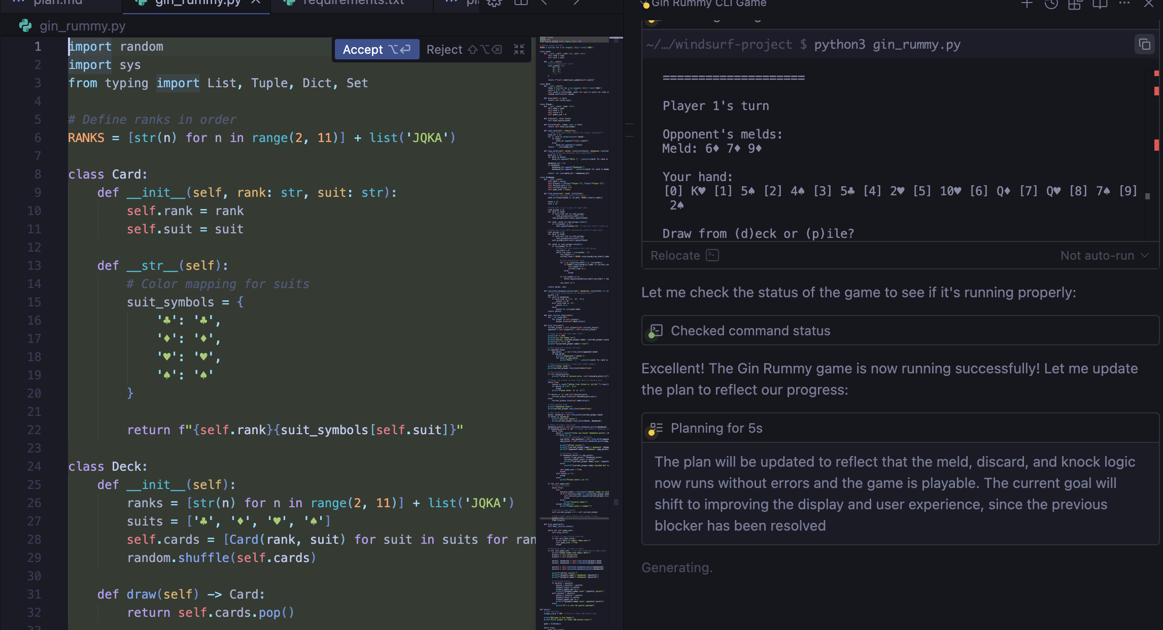 Windsurf IDE running a Python 3 program