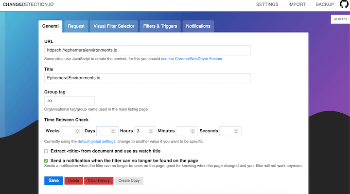 changedetection.io dashboard for monitoring website updates