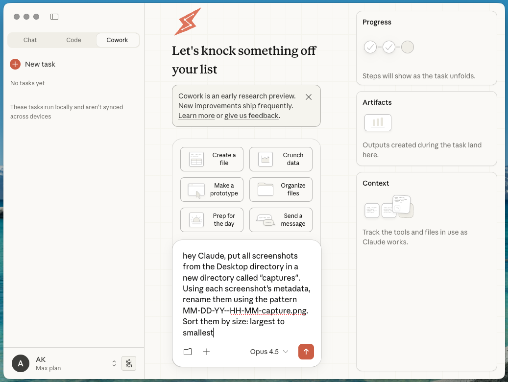 Asking Claude Cowork to sort screenshots